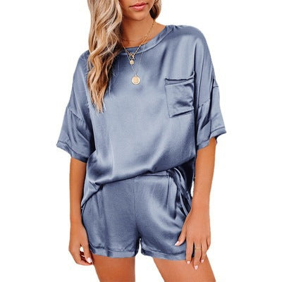 2022 new European and American suits solid color chiffon pajamas short-sleeved short T-shirt pants loose casual two-piece suit