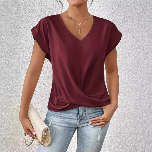 2024 Amazon cross-border hot-selling solid color V-neck T-shirt elegant short-sleeved top spring and summer women's clothing Amazon cross-border