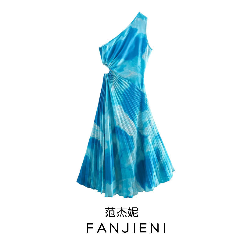 ZR foreign trade wholesale European and American style women's clothing French tie-dye irregular slanted shoulder pleated design slim dress