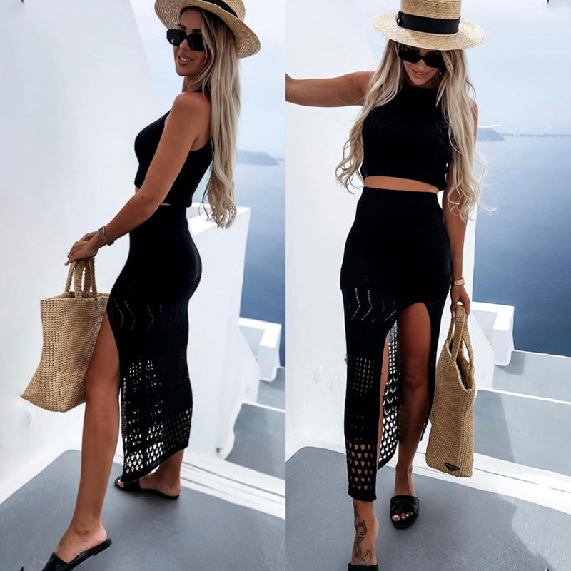 2023 European and American cross-border new women's summer short tops slit hip skirt two-piece dress