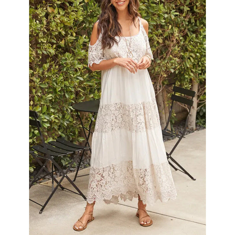 2023 new cross-border Amazon best-selling European and American women's sling rayon stitching lace beach holiday dress