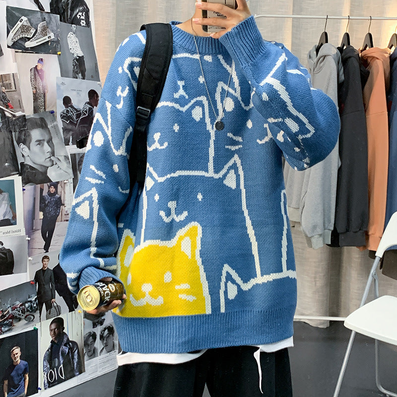 2021 autumn and winter new cat sweater men's loose casual tide brand round neck sweater Korean version couple trend coat