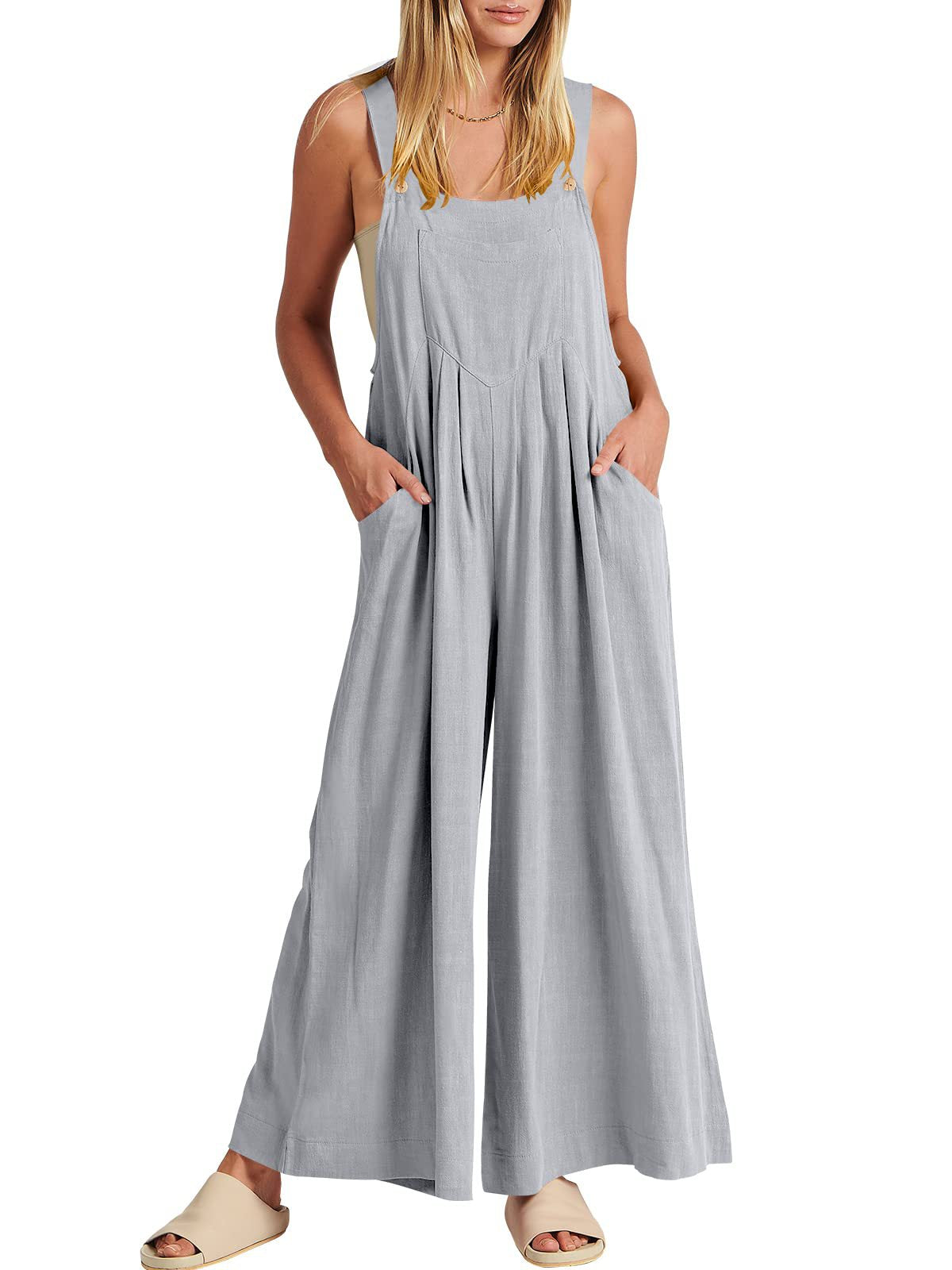 2023 Amazon hot style TEMU independent station European and American women's clothing solid color loose casual cotton and linen suspenders jumpsuit