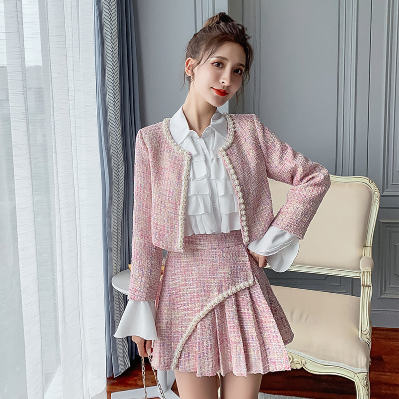 2022 Spring and Autumn New Style tweed coat + pleated high waist skirt + shirt three-piece set