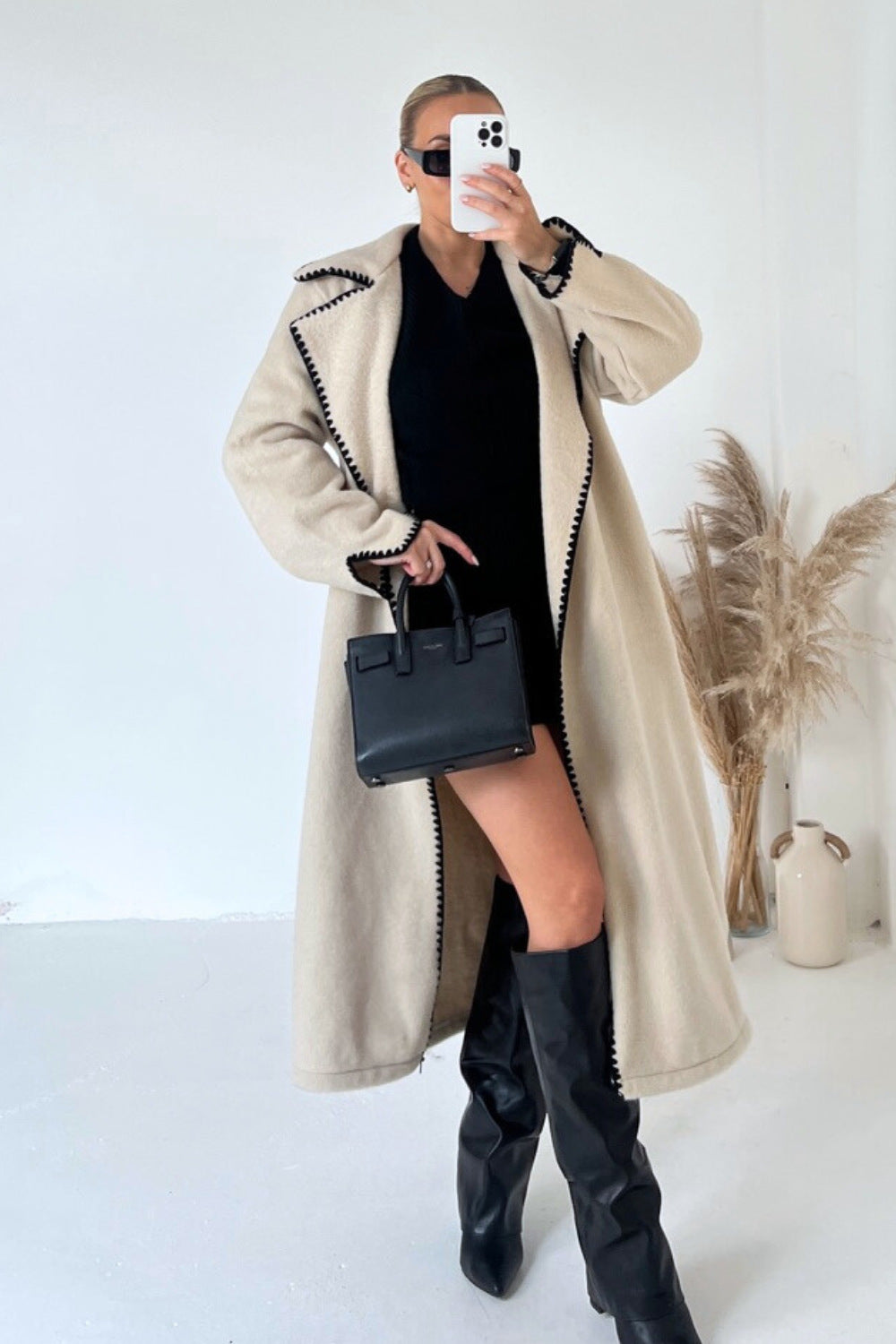 2023 European and American winter new style double-sided simple thickened and lengthened hand-crocheted double-sided woolen coat for women