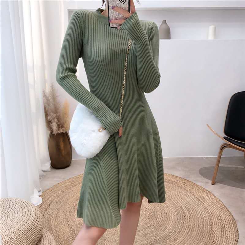 2022 Autumn New A-line Skirt Women's Waist Slimming Knitted Dress Long Skirt Long Sleeves Round Neck Temperament Swing Skirt