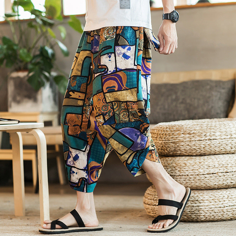 2023 summer Chinese style cotton and linen cropped pants men's ethnic style floral harem pants baggy pants large size beach pants