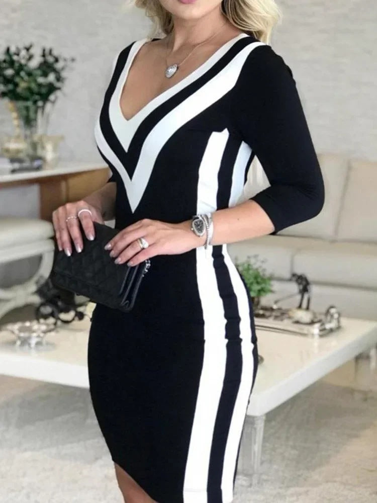 2022 Amazon European and American foreign trade new slim-fitting mid-sleeve V-neck chip splicing dress large quantity in stock