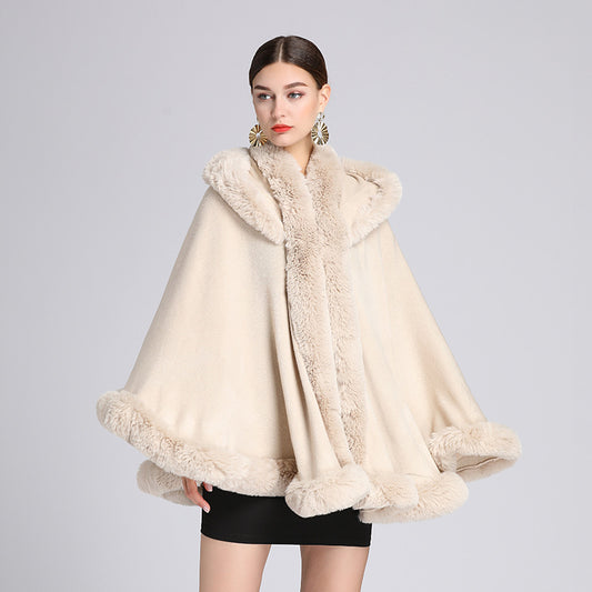 692#European and American autumn and winter new imitation rex rabbit fur collar hooded shawl cloak large size loose cloak coat female