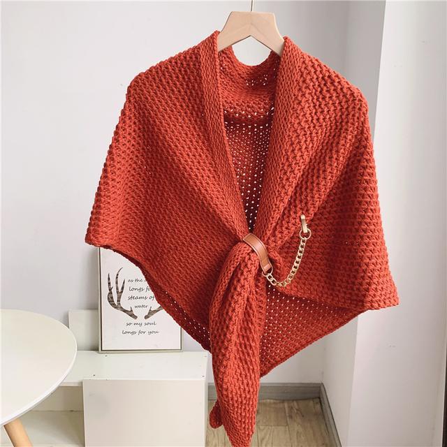 2021 autumn and winter all-match chain leather buckle knitted shawl hollowed out wool triangle scarf solid color shawl scarf dual-purpose