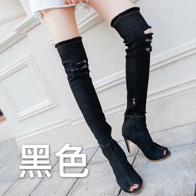 2021 denim high-heeled over-the-knee fish mouth boots Europe and the United States plus size women's shoes spot