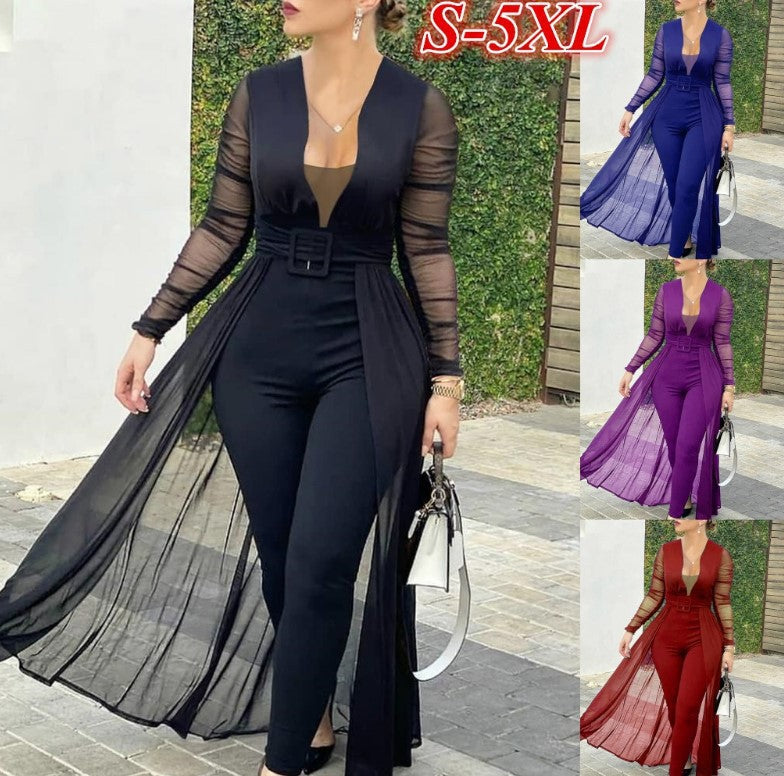 2023 new European and American women's culottes solid color deep V fashion lace stitching long-sleeved slim jumpsuit women's suit