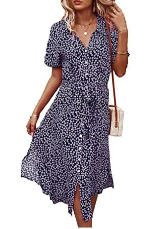 2022 Amazon Independent Station AliExpress Wish Casual Vacation Style Spring and Summer Swing Print Ribbon Dress