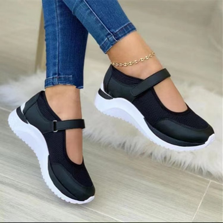 2022 European and American Summer Round Toe Knitting Velcro Thick Sole Single Shoes Women's Foreign Trade Large Size Independent Station Mesh Casual Women's Shoes