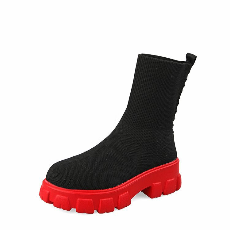 2022 New Round Toe Martin Boots Knitted Short Boots European and American Autumn and Winter Thick Sole Medium Heel Low Cut Fly Knitted Large Size Foreign Trade