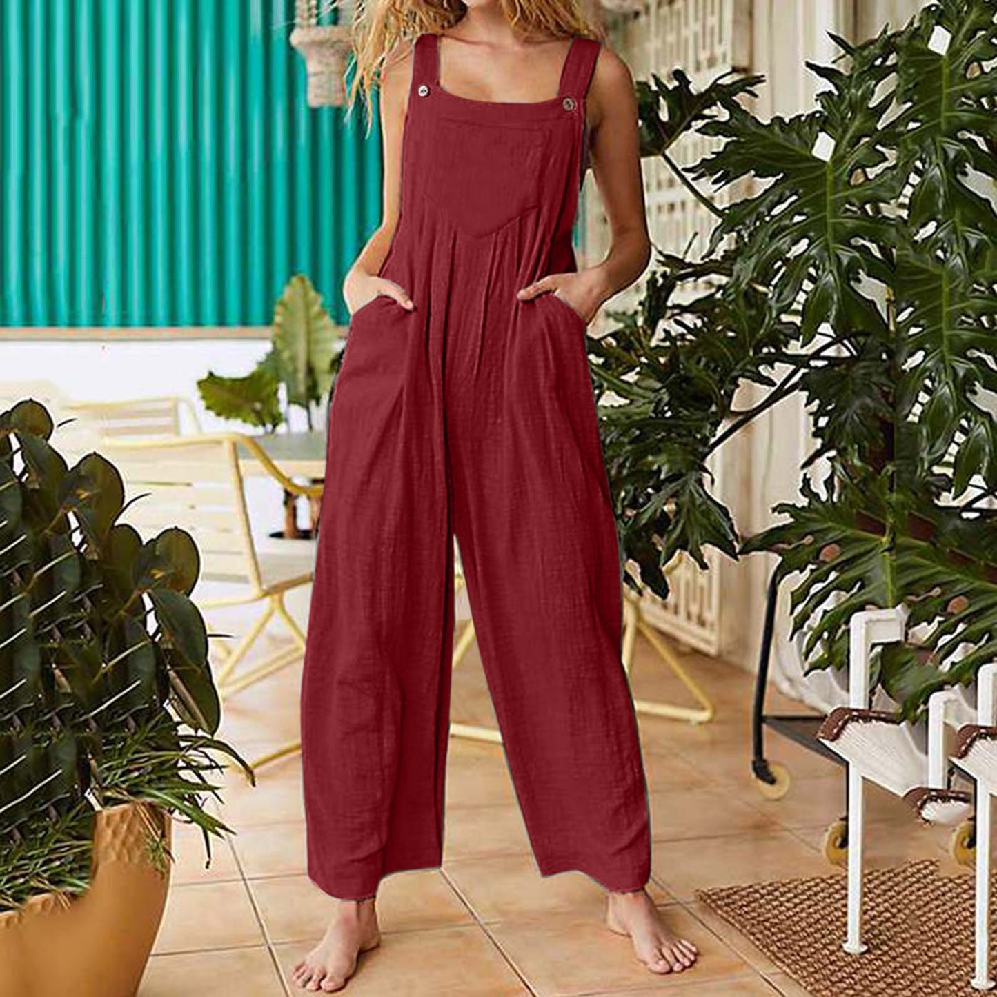 2021 new Amazon cross-border foreign trade female printing sleeveless side pocket casual wide-leg side buckle jumpsuit