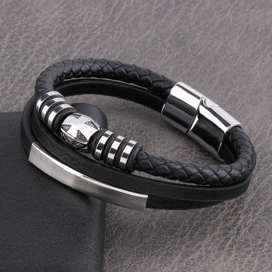 AliExpress New European and American New Cross Transfer Bead Charm Multilayer Leather Braided Bracelet Men's Stainless Steel