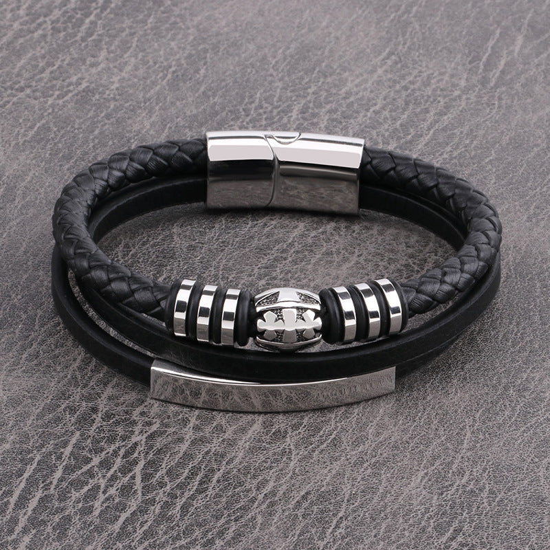 AliExpress New European and American New Cross Transfer Bead Charm Multilayer Leather Braided Bracelet Men's Stainless Steel