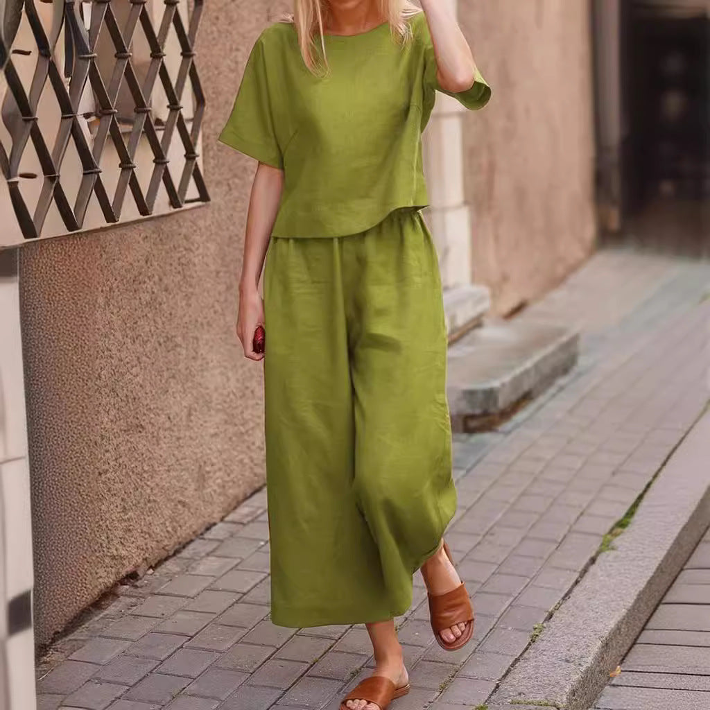 2023 Cross-border Amazon New Products Casual European and American Large Size Suit Loose Solid Color Shirt Trousers Two-piece Set