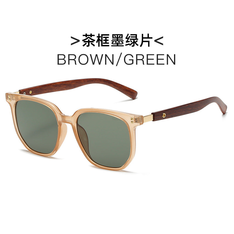 2023 New Korean Style Brown Sunglasses for Women Retro Wood Grain Legs Square Frame Round Face Glasses Fashion Sunglasses