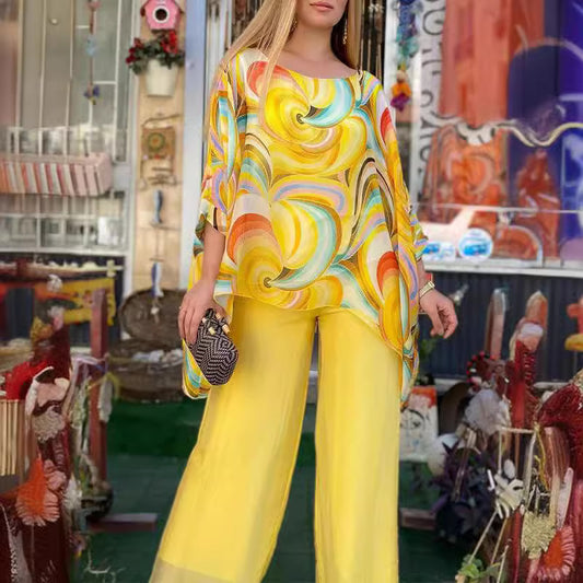 2024 summer new color chiffon suit casual round neck printed two-piece suit independent station Amazon cross-border women