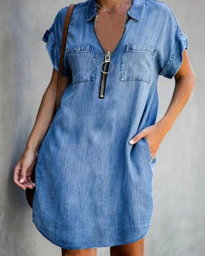 2023 independent station Amazon cross-border new products European and American lapel short-sleeved loose casual dress denim shirt skirt