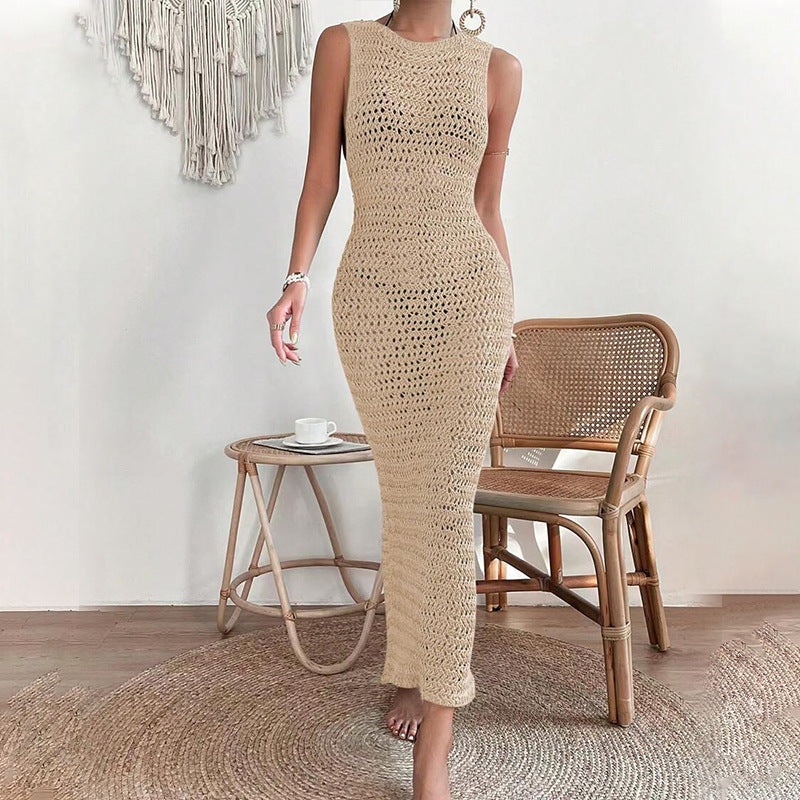 2024 cross-border beach dress European and American hollow knitted long dress suspenders backless sexy dress in stock