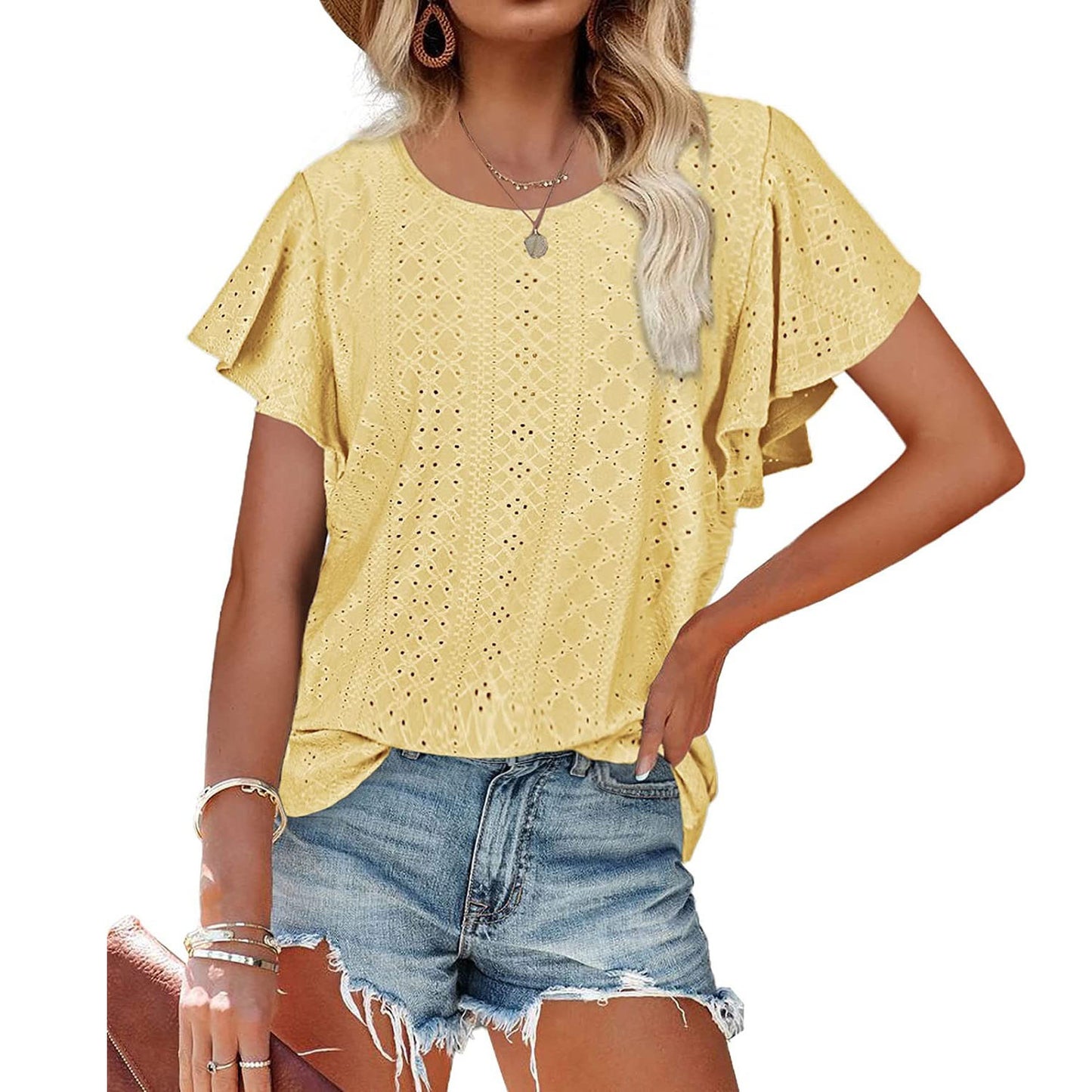 2023 European and American Amazon summer new women's tops hollowed out waist round neck lotus leaf sleeves casual T-shirt women