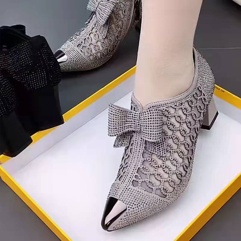 2023 Spring Rhinestone Thick High Heel Pointed Toe Black Bow European and American Fashion Mesh Hollow Women's Fashion Shoes