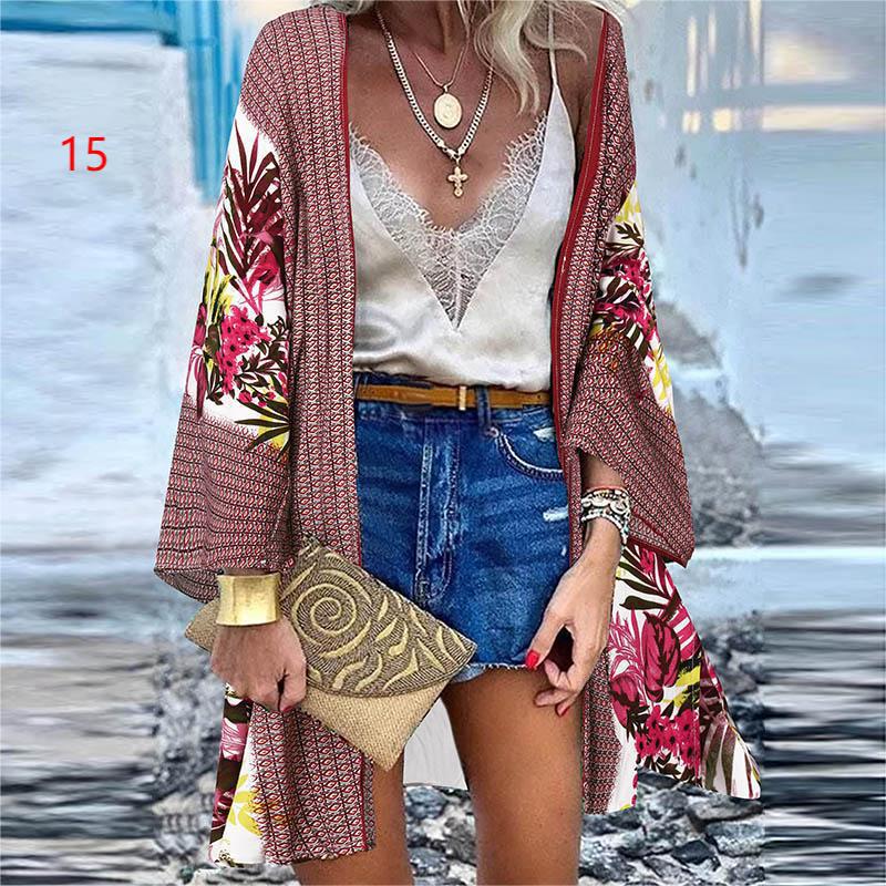 Women's 2022 Europe and America Cross Border Trendy New Casual Fashion Vacation Batwing Long Sleeve Cardigan Printed Top