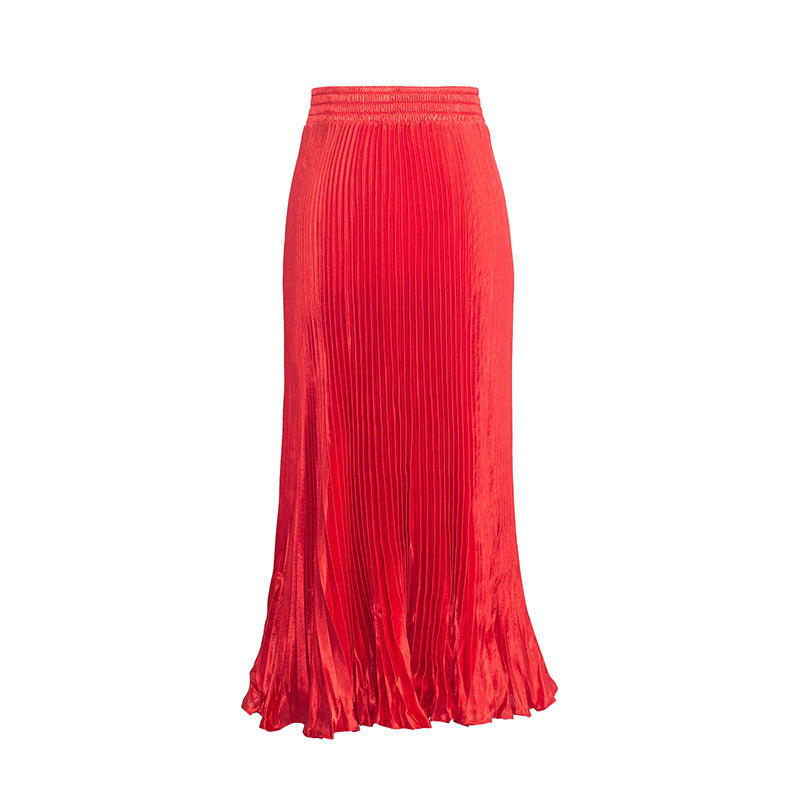 2021 New European and American foreign trade women's satin metallic luster pleated skirt long accordion skirt long skirt skirt