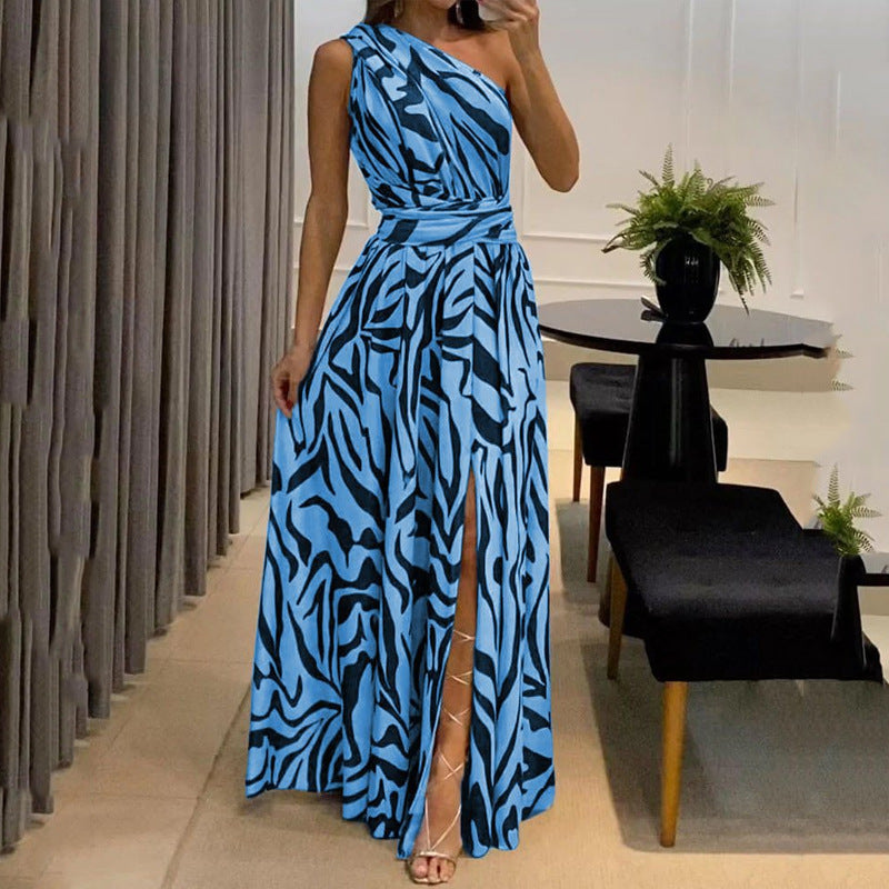 2023 summer new cross-border independent station women's sexy open back one shoulder sleeveless printed long dress 8087