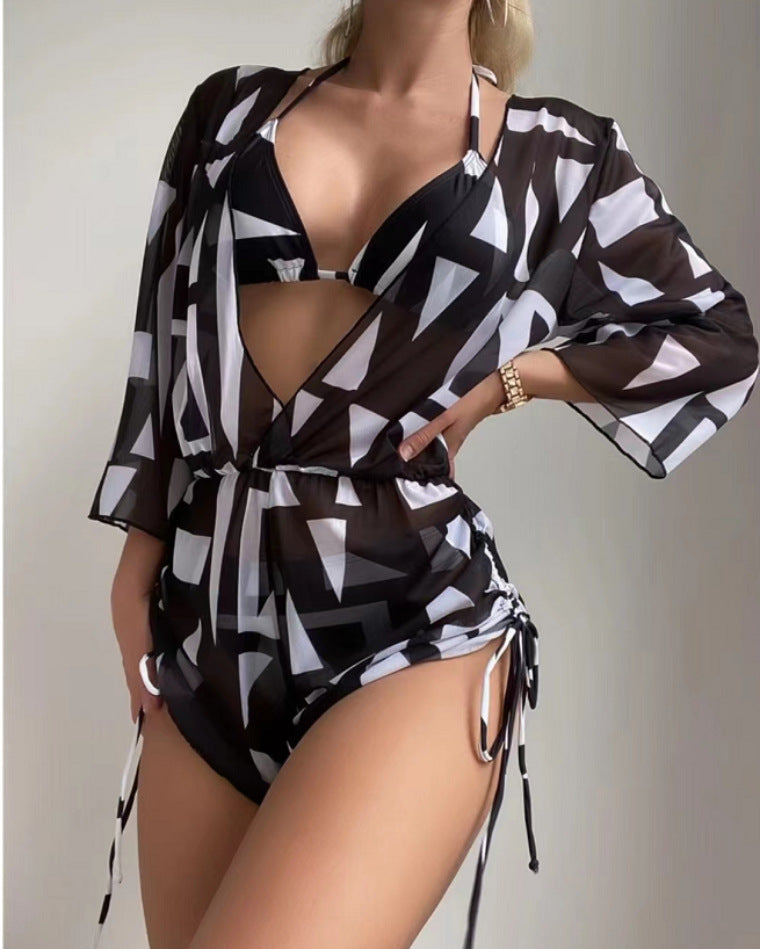 2023 European and American swimsuits for women, sexy three-piece set with temperament collar, printed waist, strappy skirt, foreign trade cross-border swimsuit