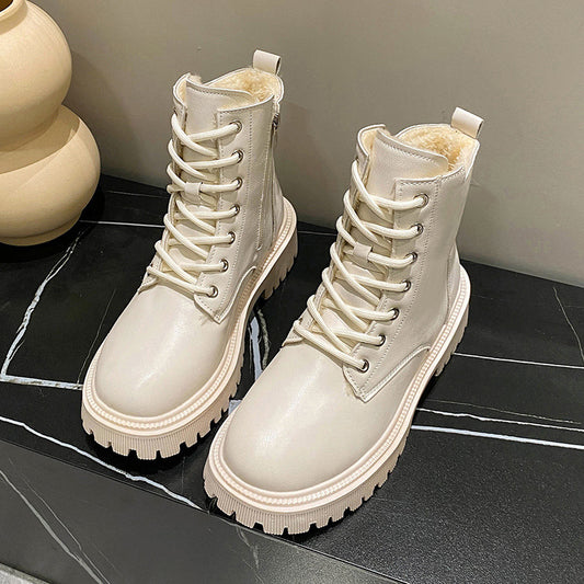 2023 Winter New Martin Boots Women's Round Toe Solid Color Fashionable British Style Retro Casual Thick Sole Plus Velvet Women's Boots