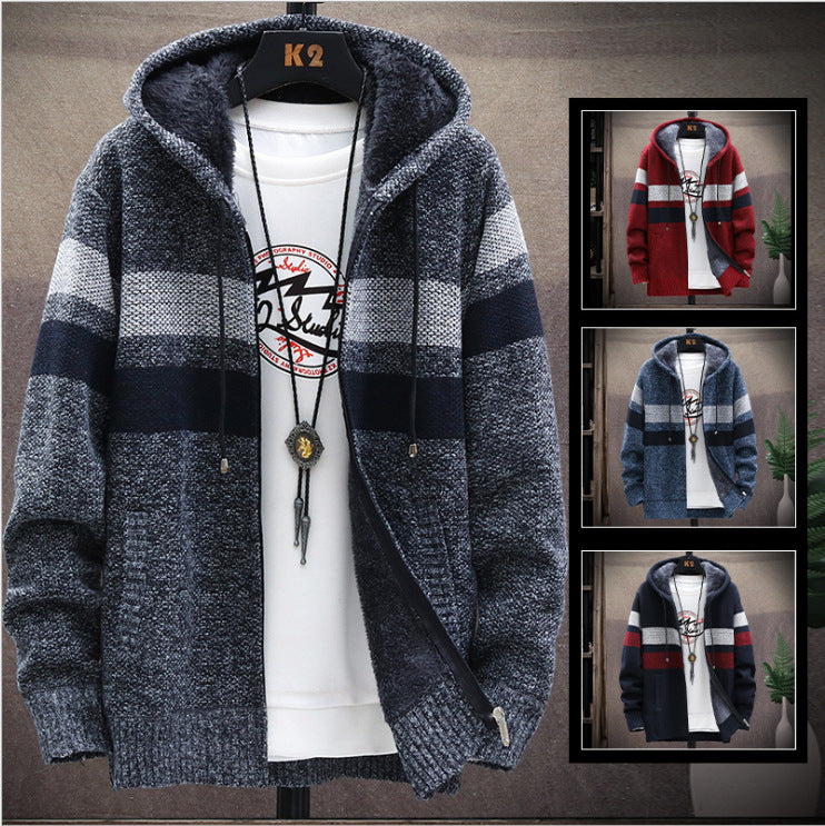 2022 autumn new men's fleece thickened color matching hooded sweater jacket