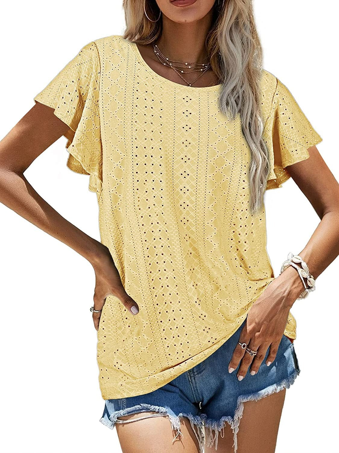 2023 European and American Amazon summer new women's tops hollowed out waist round neck lotus leaf sleeves casual T-shirt women