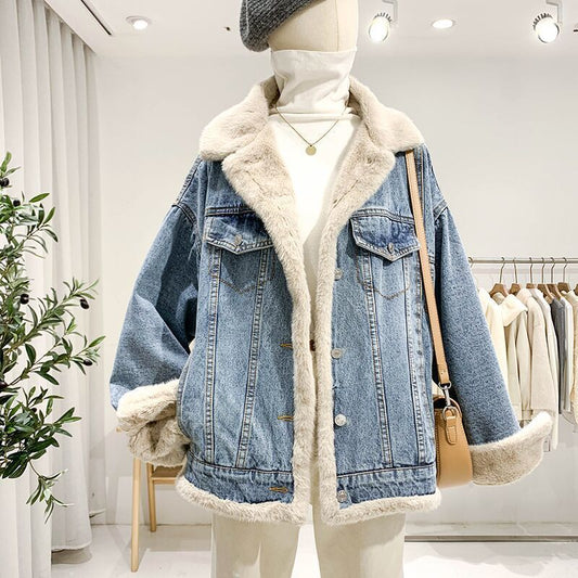 2023 Winter Fleece-lined Thickening Denim Jacket Women's Korean-Style Loose Lambswool Casual All-Matching Reversible Cotton-Padded Coat Fashion