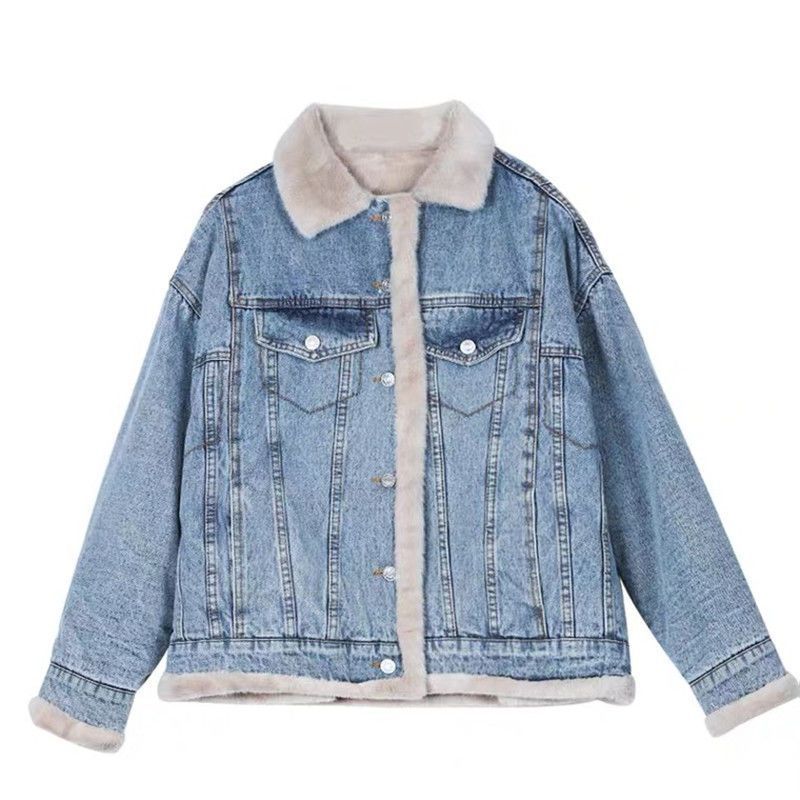 2023 Winter Fleece-lined Thickening Denim Jacket Women's Korean-Style Loose Lambswool Casual All-Matching Reversible Cotton-Padded Coat Fashion