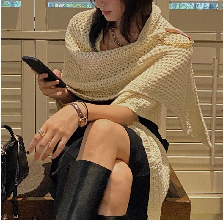 2021 autumn and winter all-match chain leather buckle knitted shawl hollowed out wool triangle scarf solid color shawl scarf dual-purpose