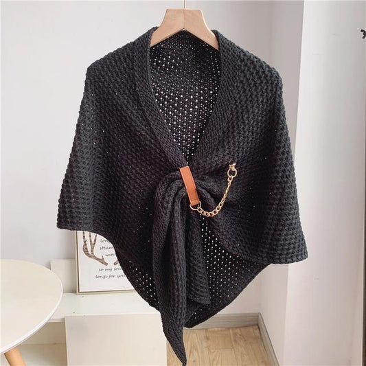 2021 autumn and winter all-match chain leather buckle knitted shawl hollowed out wool triangle scarf solid color shawl scarf dual-purpose