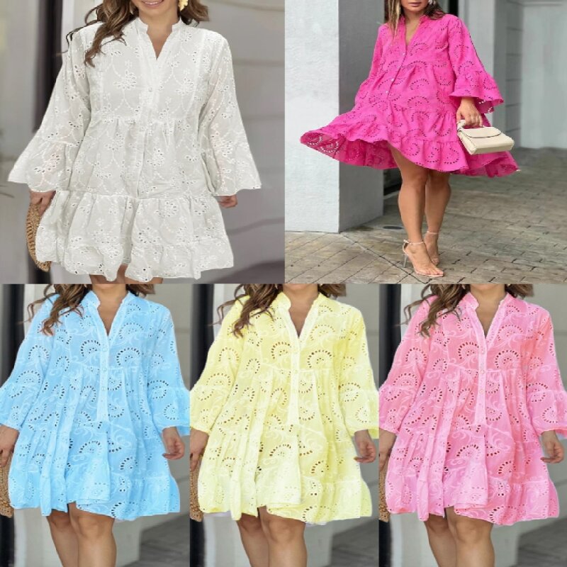 2023 European and American cross-border spring and summer Amazon solid color V-neck loose embroidered hollow lace flower sexy dress