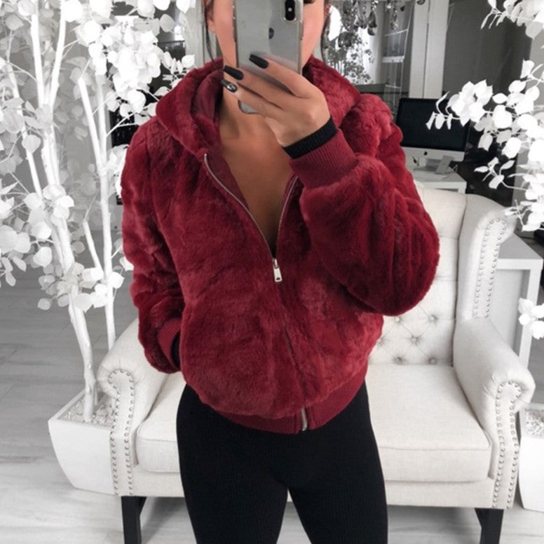 2023 foreign trade Amazon wish European and American autumn and winter hot-selling women's clothing hooded rabbit fur imitation fur plush coat for women