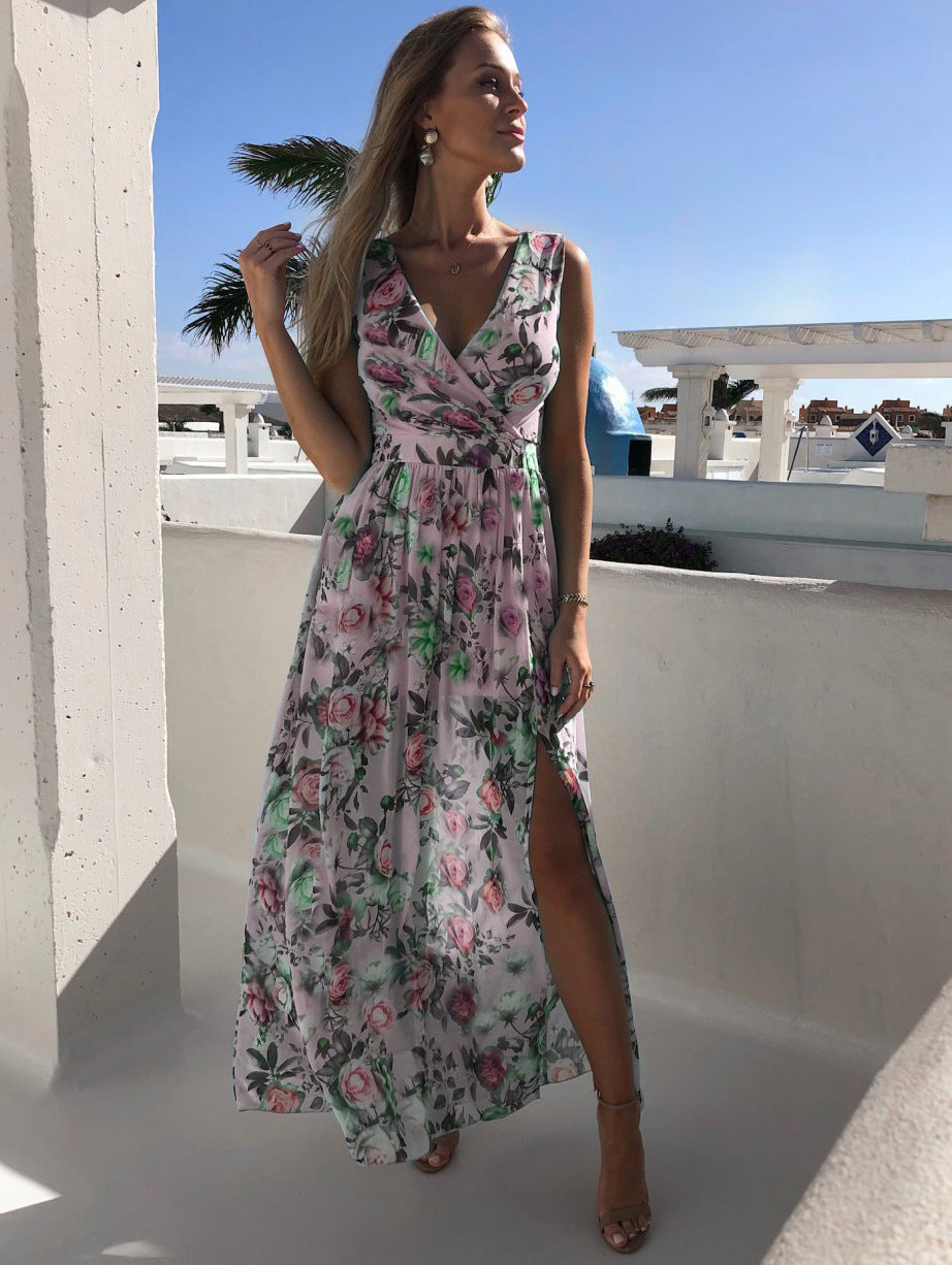 2023 new spring and summer ebay European and American foreign trade printed chiffon dress sleeveless holiday beach slit long skirt