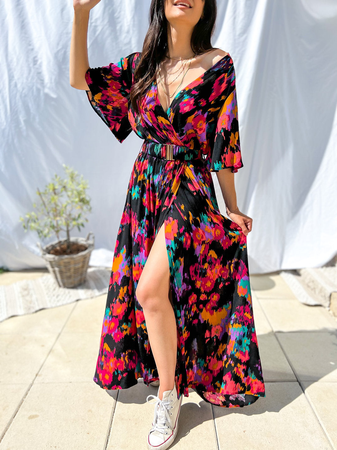 2023 summer ebay independent station wish Amazon temperament V-neck belt printed dress long skirt