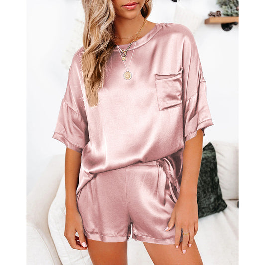 2022 new European and American suits solid color chiffon pajamas short-sleeved short T-shirt pants loose casual two-piece suit