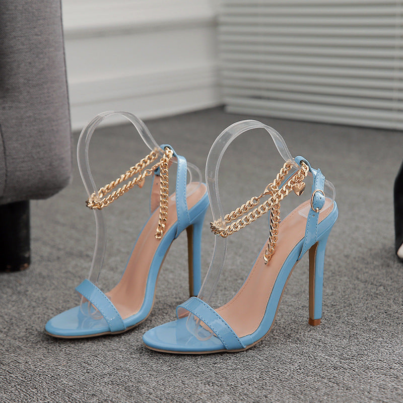 35-42 size European and American foreign trade super high heel metal chain horizontal strap stiletto sandals 227-9