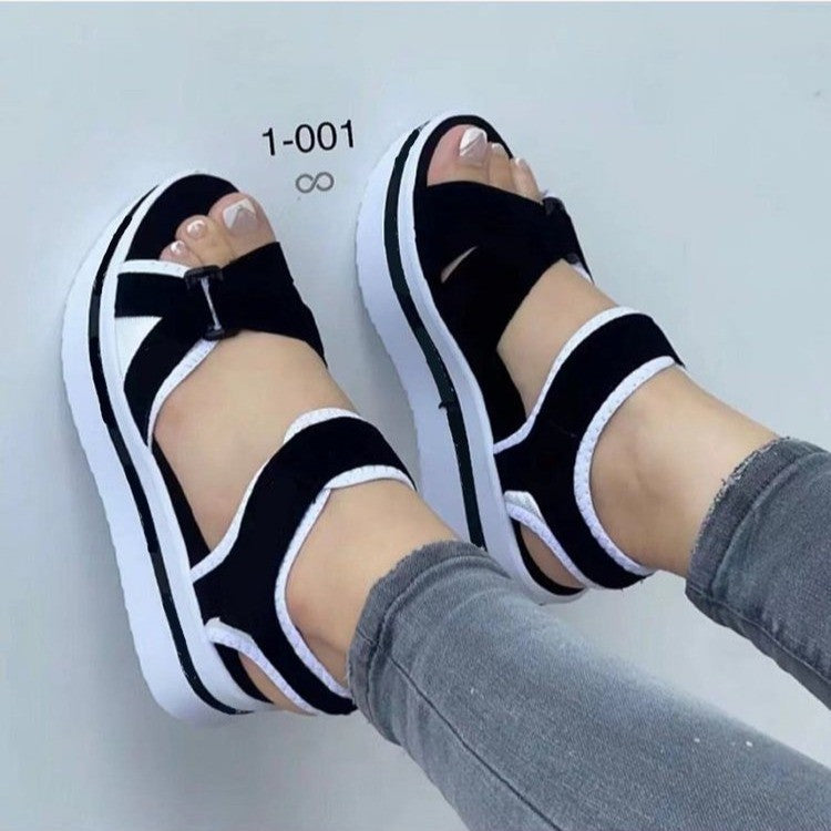 2023 new foreign trade Rome large size thick-soled sandals women's cross-border supply flat Velcro women's beach sandals