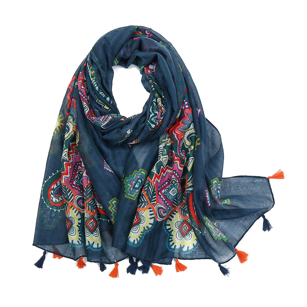 2023 New Bali Tassel Retro Print Geometric Scarf Versatile Fashion Travel Sun Protection Shawl Silk Scarf for Women