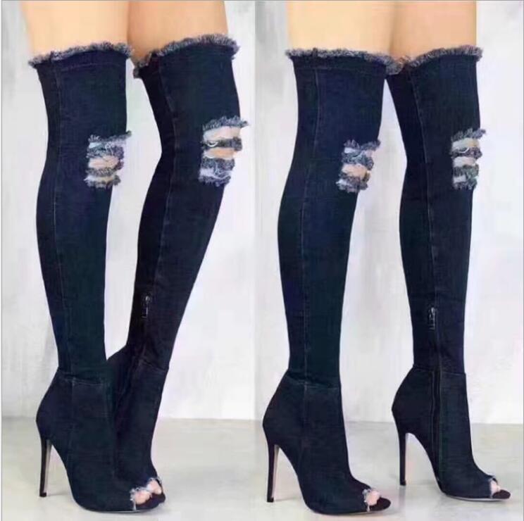 2021 denim high-heeled over-the-knee fish mouth boots Europe and the United States plus size women's shoes spot