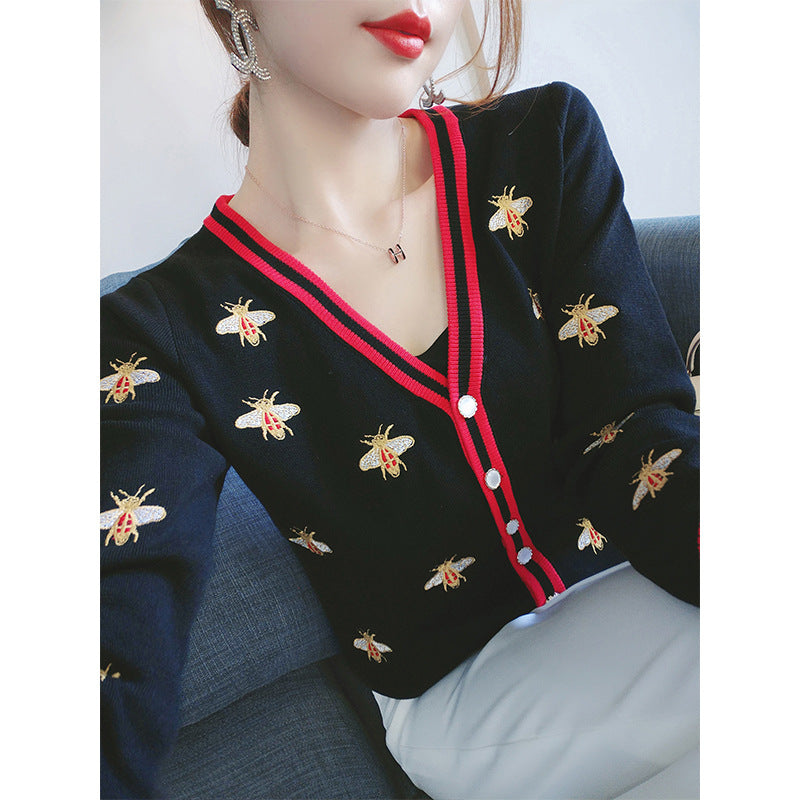 2022 autumn women's clothing new knitted sweater heavy industry embroidery V-neck sweater cardigan jacket temperament outerwear top